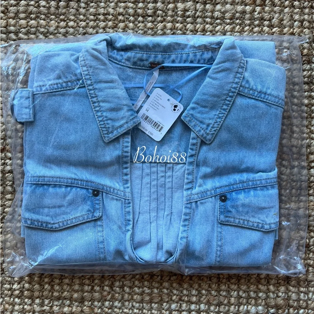 NWT Free People Rowley Denim Mini Dress Belted Button Front Plunge V-Neck - Picture 6 of 11